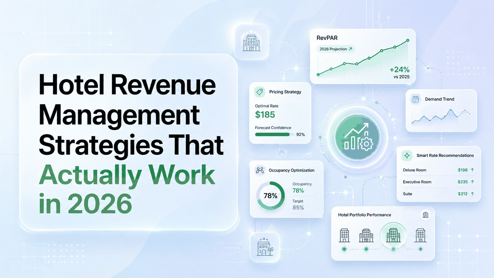 Hotel revenue management strategies 2026: the 8 strategies, where hotels lose recoverable revenue, and the compounding +45% RevPAR stack